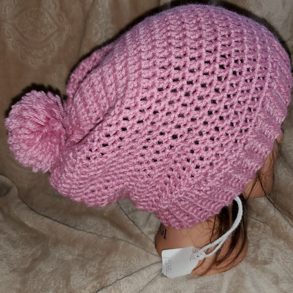 Crocheted pom pom slouchy beanie hat